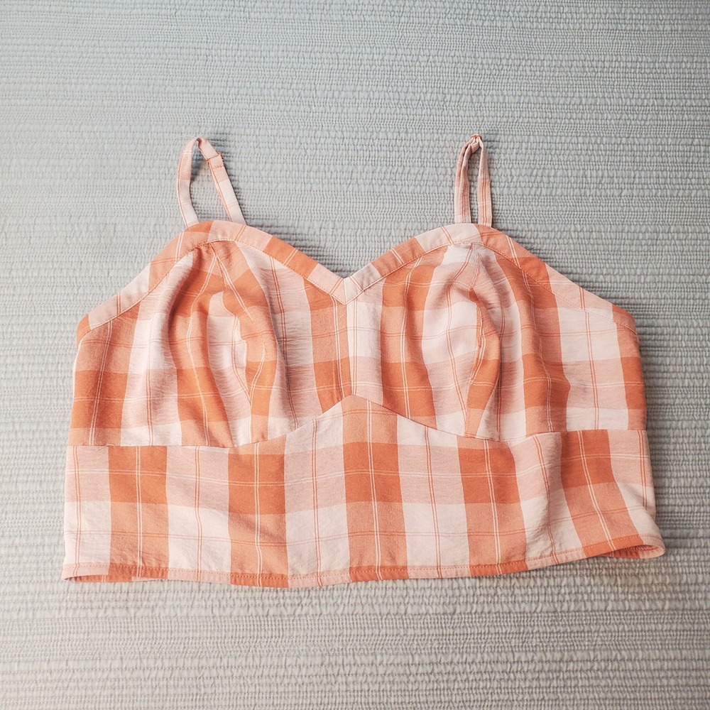 Torrid Plaid Crop Top Womens 2 Orange White Smocked Back Sweetheart Neck